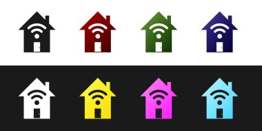 Siyah beyaz arka planda izole wi-fi simgesi ile Smart home ayarlayın. Uzaktan kumanda. Vektör İllüstrasyonu