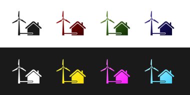 Siyah ve beyaz arka plan üzerinde izole elektrik enerjisi üretimi simgesi için rüzgar türbini ile Set House. Çevre dostu bir ev. Çevre Koruma. Vektör İllüstrasyonu