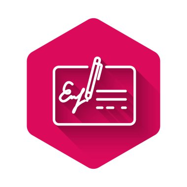 Beyaz imzalı belge çizgisi simgesi uzun gölgeli izole edildi. Kalem imzalı bir kontrat imzalıyor. Belge işaretini düzenle. Pembe altıgen düğmesi. Vektör İllüstrasyonu