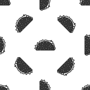 Tortilla simgesi ile Gri Taco beyaz arka plan üzerinde izole dikişsiz desen. Geleneksel Meksika fast food'u. Vektör İllüstrasyonu