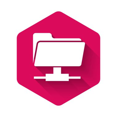 Beyaz Ftp dizin simgesi uzun gölgeli izole edildi. Yazılım güncelleme kavramı, ftp transfer protokolü, yönlendirici, takım çalışması araç yönetimi, kopyalama süreci, bilgi. Pembe altıgen düğmesi. Vektör İllüstrasyonu