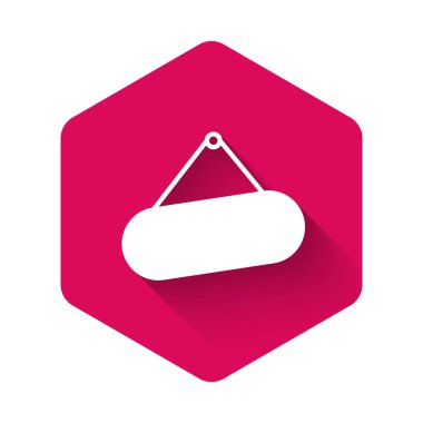 Beyaz Pano asılı ikonu uzun gölgeyle izole edildi. Reklamlar için uygun bar, kafe, bar, restoran. Pembe altıgen düğmesi. Vektör İllüstrasyonu