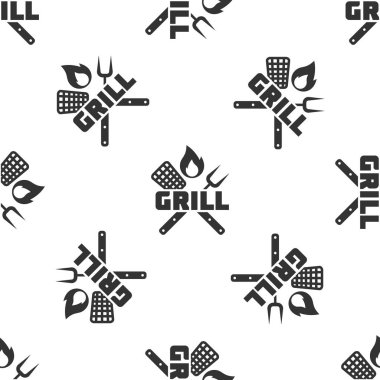 Gri Çapraz çatal ve spatula simgesi beyaz arka plan üzerinde izole dikişsiz desen. Ateş alev işareti. Barbekü çatal ve spatula işareti. Barbekü ve ızgara aletleri. Vektör İllüstrasyonu