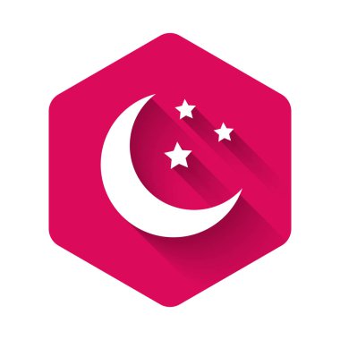 Beyaz Ay ve yıldız ikonu uzun gölgelerle izole edilmiş. Pembe altıgen düğmesi. Vektör İllüstrasyonu