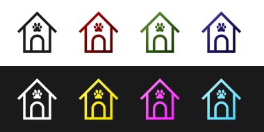 Set Dog ev ve pençe baskı pet simgesi siyah ve beyaz arka plan izole. Köpek kulübesi. Vektör İllüstrasyonu