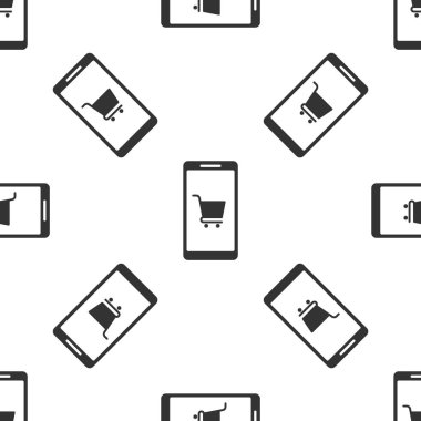 Gri Cep telefonu ve alışveriş sepeti simgesi beyaz arka plan üzerinde sorunsuz desen izole. Online satın alma sembolü. Süpermarket sepeti sembolü. Vektör İllüstrasyonu