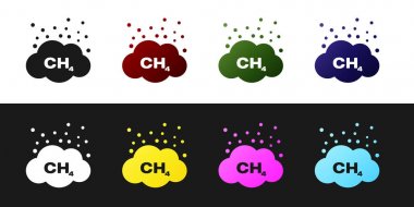 Set Methane emissions reduction icon isolated on black and white background. CH4 molecule model and chemical formula. Marsh gas. Natural gas. Vector Illustration clipart