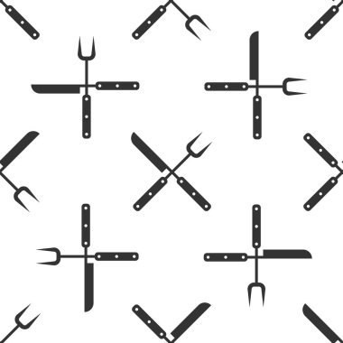 Gri Çapraz bıçak ve spatula simgesi beyaz arka plan üzerinde izole dikişsiz desen. Barbekü bıçağı ve spatula işareti. Barbekü ve ızgara aletleri. Vektör İllüstrasyonu