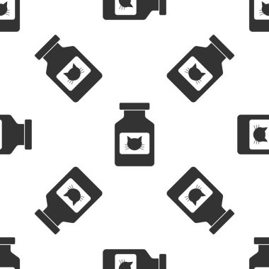 Gri Kedi ilaç şişe simgesi beyaz arka plan üzerinde sorunsuz desen izole. Haplarla dolu bir kap. Hayvanlar için reçeteli ilaç. Vektör İllüstrasyonu