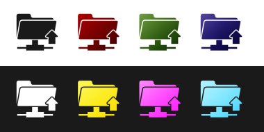 Ftp klasör yükleme simgesini siyah beyaz arka planda yalıtılmış olarak ayarlayın. Yazılım güncelleştirme, transfer protokolü, yönlendirici, takım çalışması araç yönetimi, kopyalama süreci kavramı. Vektör İllüstrasyonu