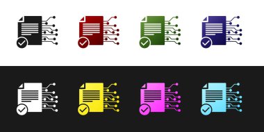 Akıllı sözleşme simgesini siyah beyaz arka planda yalıtılmış olarak ayarlayın. Blockchain teknolojisi, kripto para madenciliği, bitcoin, altcoins, dijital para piyasası. Vektör İllüstrasyonu