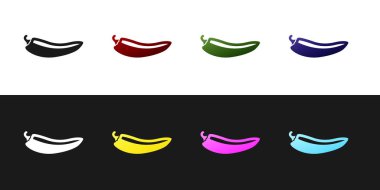 Set Sıcak biber pod simgesi siyah ve beyaz arka plan izole. Tasarım bakkal, mutfak ürünleri, baharat ve baharat paketi, yemek kitabı için. Vektör İllüstrasyonu