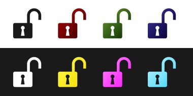 Siyah beyaz arka planda yalıtılmış açık asma kilit simgesini ayarlayın. Kilit işaretini açtı. Siber güvenlik konsepti. Dijital veri koruması. Güvenlik güvenliği. Vektör İllüstrasyonu