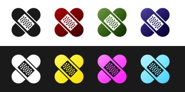 Siyah beyaz arka plan üzerinde izole Crossed bandaj alçı simgesi ayarlayın. Tıbbi alçı, yapışkan bandaj, esnek kumaş bandajı. Vektör İllüstrasyonu