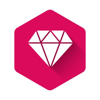 Beyaz Elmas simgesi uzun gölgelerle izole edilmiş. Mücevher sembolü. Mücevher taşı. Pembe altıgen düğmesi. Vektör İllüstrasyonu