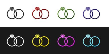 Siyah beyaz arka planda yalıtılmış Alyans simgesini ayarlayın. Gelin ve damat mücevher işareti. Evlilik simgesi. Elmas yüzük. Vektör İllüstrasyonu