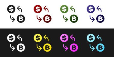 Siyah beyaz arka planda yalıtılmış Cryptocurrency döviz simgesini ayarlayın. Bitcoin'den dolar bozdurma simgesine. Kripto para teknolojisi, mobil bankacılık. Vektör İllüstrasyonu
