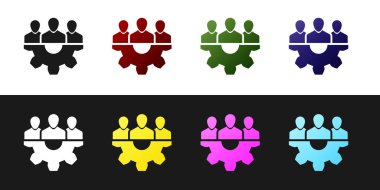 Siyah beyaz arka planda yalıtılmış Project takım tabanı simgesini ayarlayın. İş analizi ve planlaması, danışmanlık, ekip çalışması, proje yönetimi. Geliştiriciler. Vektör İllüstrasyonu