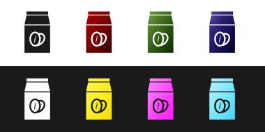 Siyah beyaz arka planda izole çanta simgesinde Kahve çekirdekleri ayarlayın. Vektör İllüstrasyonu