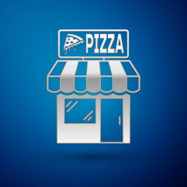 Gümüş Pizzeria bina cephe simgesi mavi arka plan izole. Fast food pizzacı büfesi. Vektör İllüstrasyonu