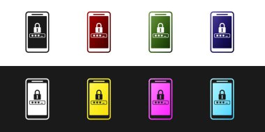 Cep telefonu ve parola koruma simgesini siyah beyaz arka planda yalıtılmış olarak ayarlayın. Güvenlik, güvenlik, kişisel erişim, kullanıcı izni, gizlilik. Vektör İllüstrasyonu