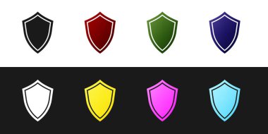 Siyah beyaz arka planda izole edilmiş Shield simgesini ayarlayın. Koruma işareti. Vektör İllüstrasyonu