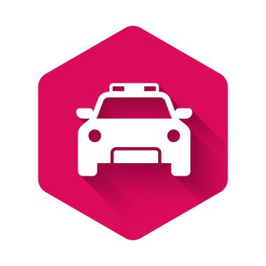 Beyaz polis arabası ve polis teşhircisi ikonu uzun gölgeli izole edilmiş. Acil durum sireni. Pembe altıgen düğmesi. Vektör İllüstrasyonu