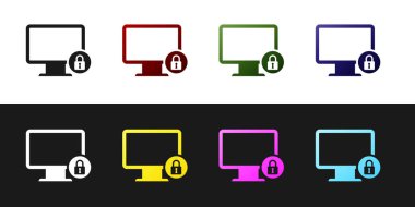Siyah beyaz arka planda yalıtılmış bilgisayar monitörü ekran simgesine Kilit'i ayarlayın. Monitör ve asma kilit. Güvenlik, güvenlik, koruma konsepti. Güvenli internet çalışması. Vektör İllüstrasyonu