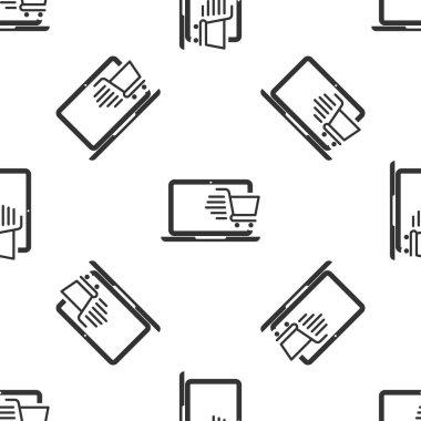 Ekran dizüstü bilgisayar simgesigri Alışveriş sepeti beyaz arka plan üzerinde sorunsuz desen izole. Konsept e-ticaret, e-iş, online iş pazarlama. Vektör İllüstrasyonu