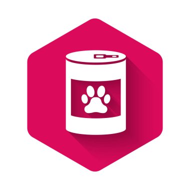 Uzun gölgeli beyaz konserve ikonu. Hayvanlar için yiyecek. Evcil hayvan yiyeceği kutusu. Köpek ya da kedi pençesi izi. Pembe altıgen düğmesi. Vektör İllüstrasyonu