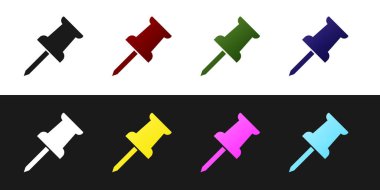 Push pin simgesini siyah ve beyaz arkaplanda izole et. Raptiye işareti. Vektör İllüstrasyonu