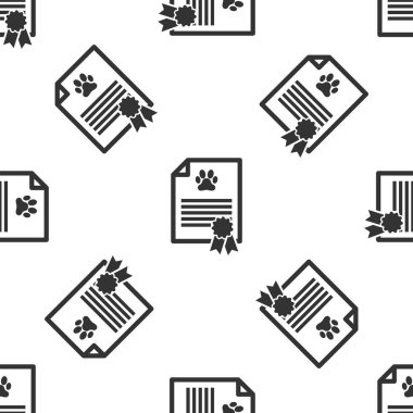 Beyaz arka plan üzerinde köpek veya kedi simgesi izole kesintisiz desen ile seyahat için Gri Tıbbi sertifika. Evcil hayvan için belge. Köpek ya da kedi pençesi izi. Vektör İllüstrasyonu