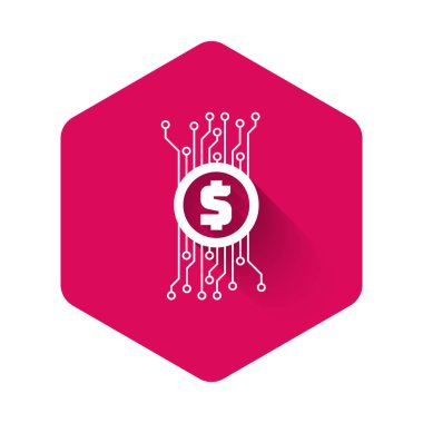 White Cryptocurrency concept bitcoin in circle with microchip circuit icon isolated with long shadow. Blockchain technology, digital money market. Pink hexagon button. Vector Illustration