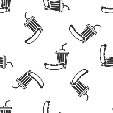 Gri Soda ve hotdog simgesi beyaz arka plan üzerinde izole dikişsiz desen. Fast food sembolü. Vektör İllüstrasyonu