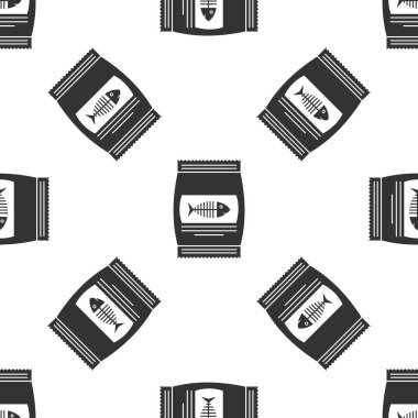 Kedi simgesi için gri gıda Torbası beyaz arka plan üzerinde izole dikişsiz desen. Balık iskeleti işareti. Hayvanlar için yiyecek. Evcil hayvan yiyecek paketi. Vektör İllüstrasyonu