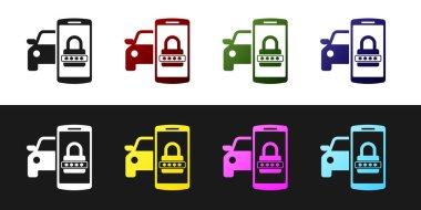 Akıllı araç güvenlik sistemi simgesini siyah beyaz arka planda yalıtılmış olarak ayarlayın. Akıllı telefon kablosuz araç güvenliğini kontrol eder. Vektör İllüstrasyonu