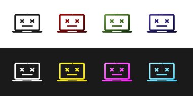 Ölü dizüstü bilgisayar simgesini siyah beyaz arka planda yalıtılmış olarak ayarlayın. Ölü emoji ile dizüstü bilgisayar gibi 404 hata. Pc sisteminde ölümcül hata. Vektör İllüstrasyonu