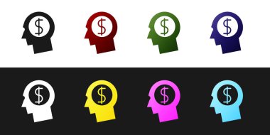 Siyah beyaz arka planda izole edilmiş zihin simgesini ayarla. Dolar sembolü olan insan kafası. Fikir para kazanmak için. İş yatırım büyüme kavramı. Vektör İllüstrasyonu