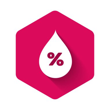 Beyaz su bırakma yüzdesi simgesi uzun gölgeli izole edilmiş. Nem analizi. Pembe altıgen düğmesi. Vektör İllüstrasyonu