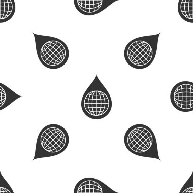 Su damlası simgesinde Gri Dünya gezegeni beyaz arka plan üzerinde izole dikişsiz desen. Dünya küresi ve su damlası. Su tasarrufu ve dünya çevre koruma. Vektör İllüstrasyonu