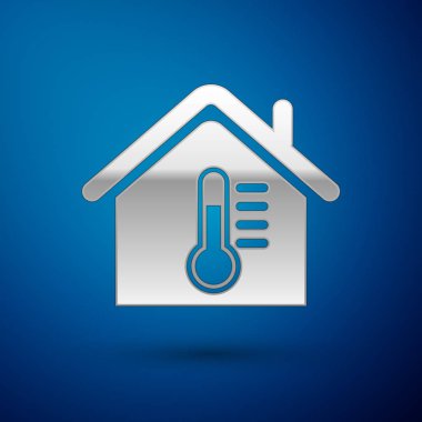 Gümüş Ev sıcaklık simgesi mavi arka plan üzerinde izole. Termometre simgesi. Vektör İllüstrasyonu