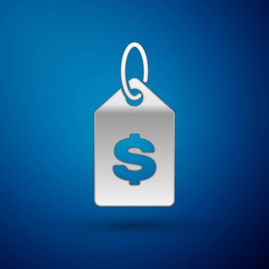 Mavi arka planda izole edilmiş dolar simgesine sahip Gümüş Fiyat etiketi. Fiyat için rozet. Dolar sembolü ile satış. Promosyon etiket indirimi. Vektör İllüstrasyonu