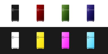 Buzdolabı simgesini siyah beyaz arkaplanda izole et. Buzdolabı buzdolabı. Ev aletleri ve aletler. Vektör İllüstrasyonu