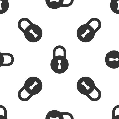 Gri Kilit simgesi beyaz arka plan üzerinde yalıtılmış kesintisiz desen. Asma kilit işareti. Güvenlik, güvenlik, koruma, gizlilik kavramı. Vektör İllüstrasyonu