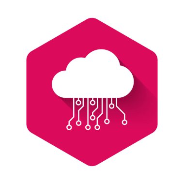 Beyaz internet simgesi uzun gölgeli. Bulut hesaplama tasarım konsepti. Dijital ağ bağlantısı. Pembe altıgen düğmesi. Vektör İllüstrasyonu