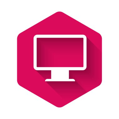 Beyaz Bilgisayar ekran simgesi uzun gölgeli izole edildi. Elektronik cihaz. Ön manzara. Pembe altıgen düğmesi. Vektör İllüstrasyonu