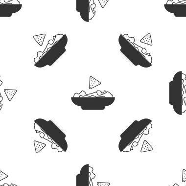 Plaka simgesindeki gri Nachos beyaz arka plan üzerinde izole dikişsiz desen. Tortilla cipsi veya nachos tortilla. Geleneksel Meksika fast food'u. Vektör İllüstrasyonu