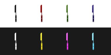 Siyah beyaz arka planda izole Barbekü bıçak simgesi ayarlayın. Mutfak bıçağı simgesi. Barbekü bıçak işareti. Barbekü ve ızgara aracı. Vektör İllüstrasyonu