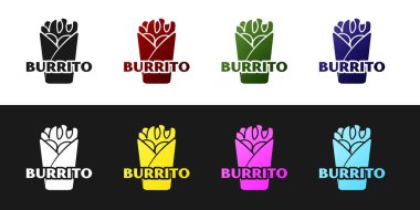 Burrito simgesini siyah beyaz arka planda yalıtılmış olarak ayarlayın. Geleneksel Meksika fast food'u. Vektör İllüstrasyonu