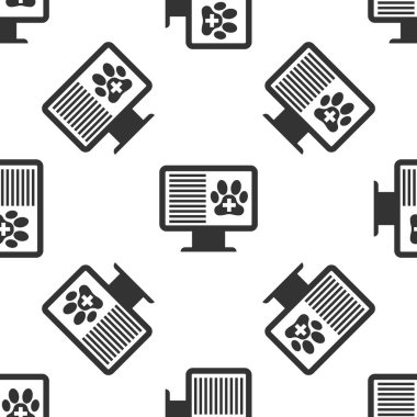 Monitör simgesi üzerinde Gri Tıbbi klinik kayıt pet beyaz arka plan üzerinde izole dikişsiz desen. Sağlık sigortası formu. Reçete, tıbbi kontrol izleri raporu. Vektör İllüstrasyonu